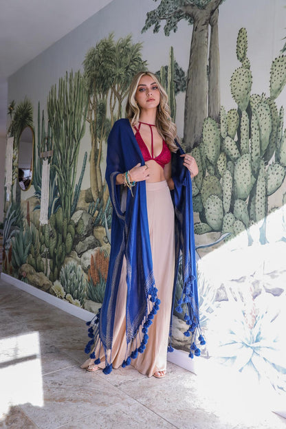 Longline Tassel Border Kimono One Size / Navy