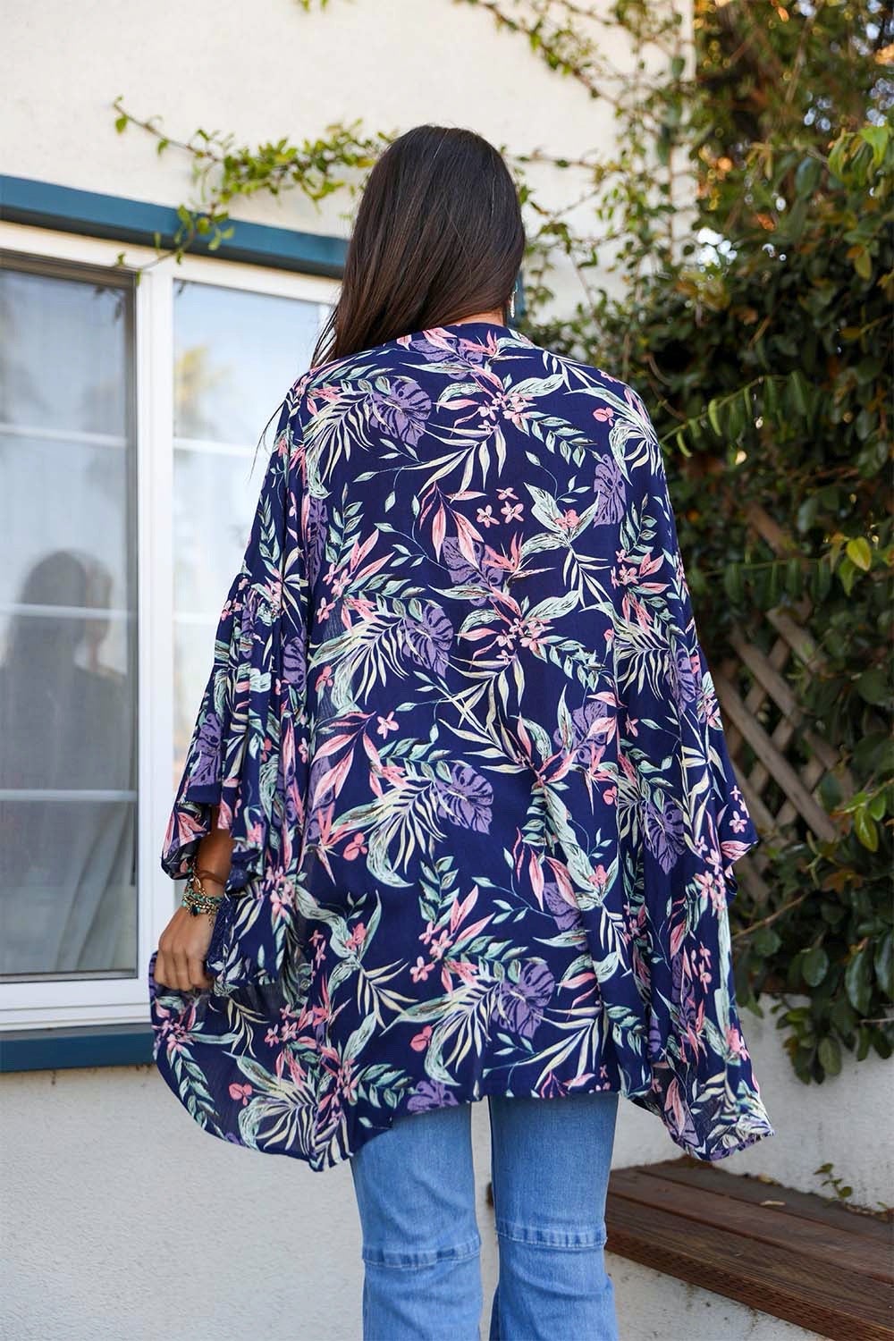 Tropical Leaves Draped Sleeve Kimono