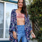 Tropical Leaves Draped Sleeve Kimono One Size / Navy